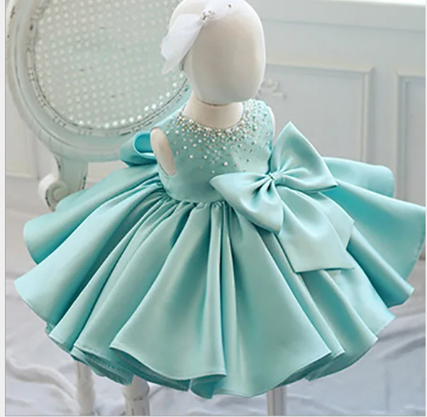 Infant Girl Cute Pearls Bow Newborn Baptism Dress Baby Girls Sleeveless Party Christening Dresses 1 Year Birthday Outfits y329