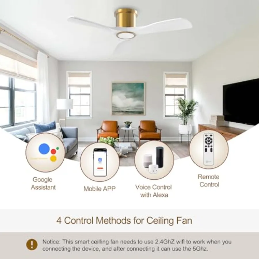 Ventilador de teto inteligente de 52 polegadas com luz integrada e controle remoto para uso interno Modo de montagem embutida de baixo perfil em ouro branco de 3 lâminas