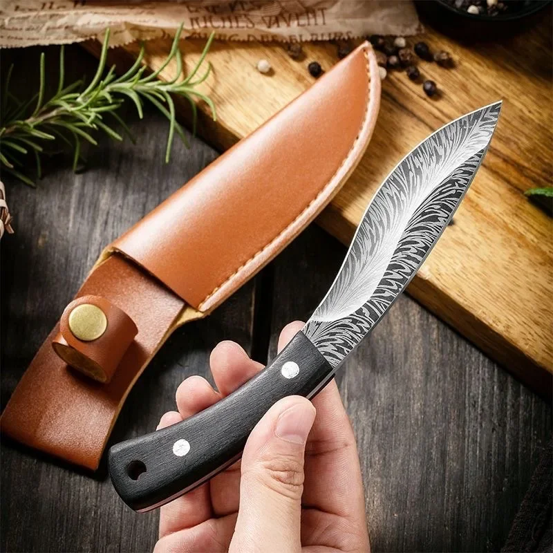 Handmade Forged Knife Butcher Stainless Steel Boning Knife Slicing Meat Cleaver Knives with Sheath Pocket Wooden Handle BBQ