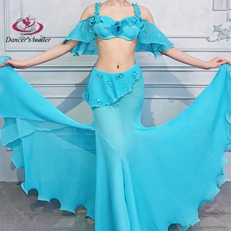 

Belly Dance Performance Clothing Blue Light Gauze with Diamonds Oriental Dance Group Competition Performance suit