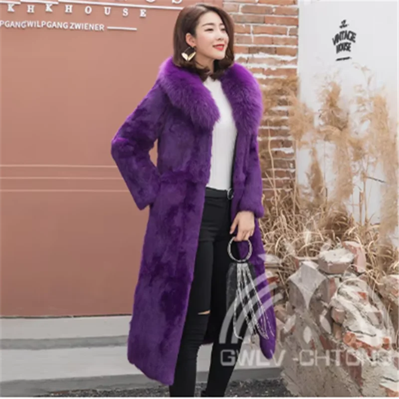 Real genuine natural full pelt rabbit fur coat with fox fur collar women fashion jacket custom any size 2024