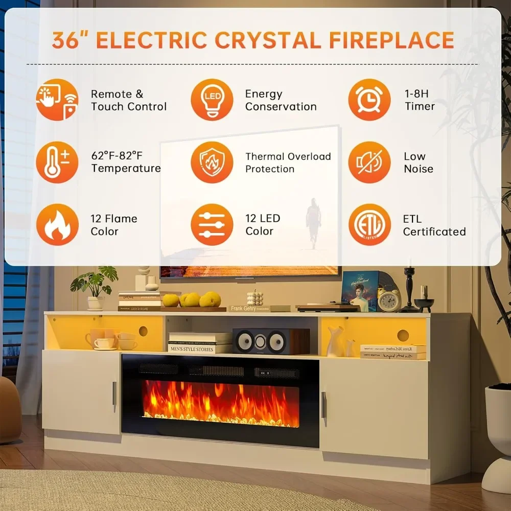 Suporte de TV com lareira elétrica de 70 "com lareira elétrica de 36 polegadas com capacidade de TV de até 80 polegadas Luzes LED e armazenamento de entretenimento C