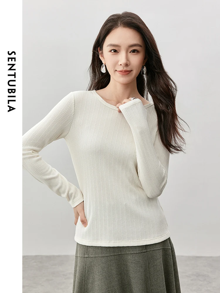 SENTUBILA Casual Slim Knitted T-shirt Women 2024 Autumn Winter Simple Solid Crew Collar Long Sleeve Comfort Pullovers 144H57194