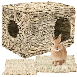 Foldable Woven Rabbit Cages Pets Hamster Guinea Pig Bunny Grass Chew Toy Mat House Bed Nests for Small Animal Rabbit Accessories