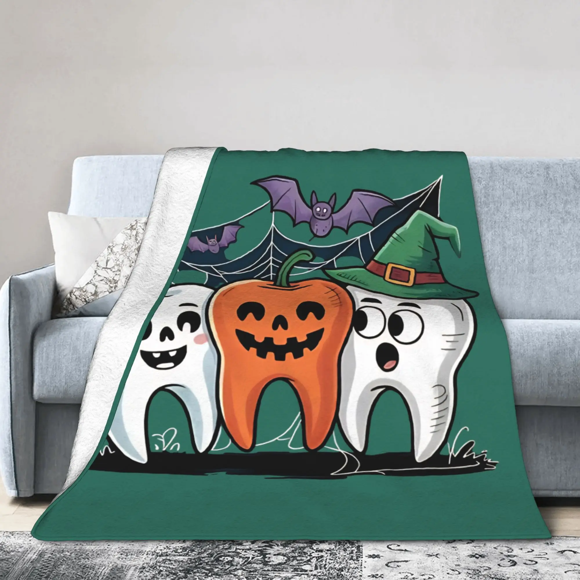 Trick Or Treat Dentist   Plush Blankets Cartoon Teeth Helloween Custom Throw Blankets for Home 125*100cm Rug Piece,