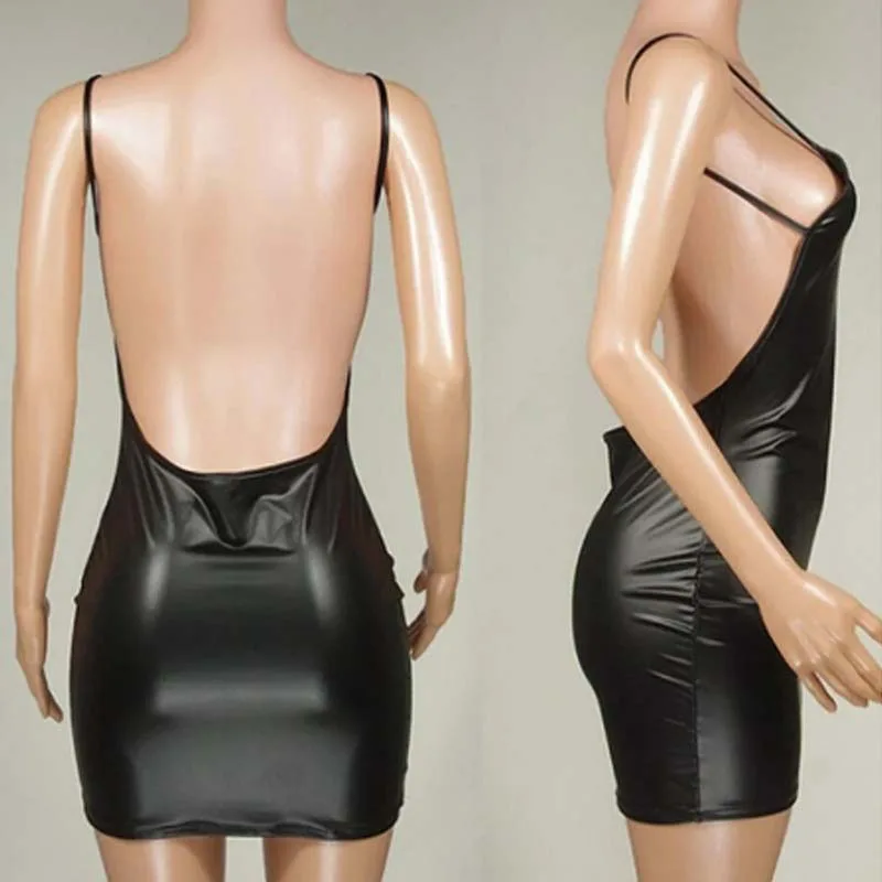 Women's Black Faux Leather Short Dress Sexy Backless Club Party Mini Dresses Female Suspender Push Up Bra PU Bodycon Dress Hot