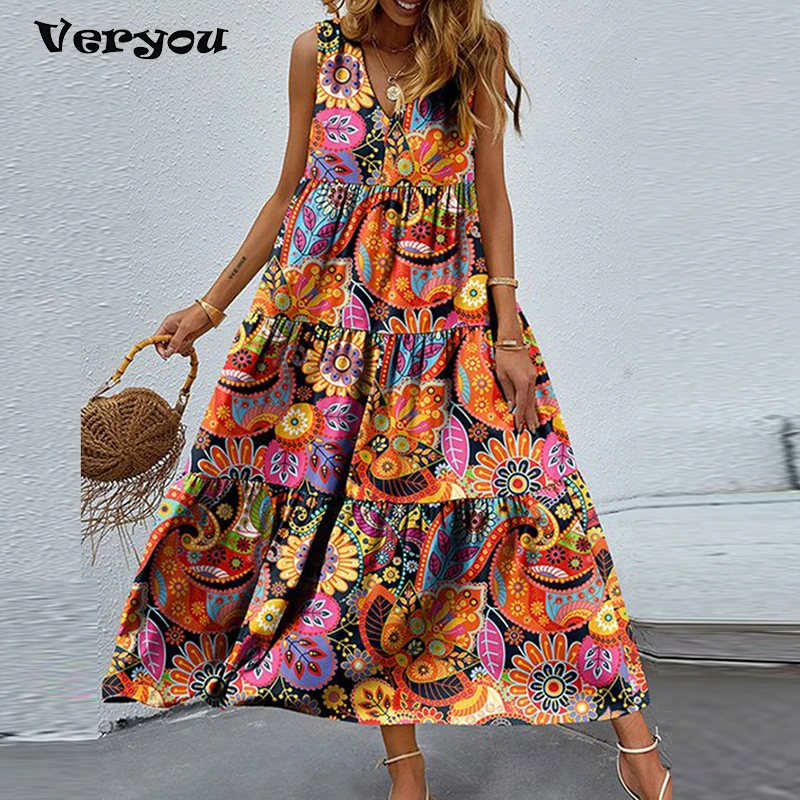 Summer Maxi Dresses For Women Casual V Neck Sleeveless Long Dress Women Vintage Printed Beach Holiday Dress Boho