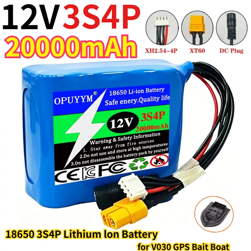 

Lithium Ion Battery 18650 3S4P 12V 20000mAh with BMS High Power Remote Control Fishing Bait Boat Battery for V030 GPS Bait Boat