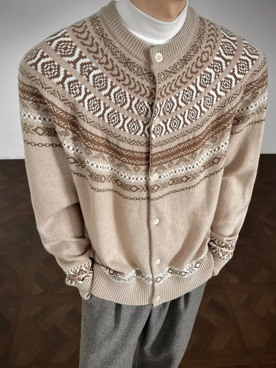 

Retro Fair Isle Knitted Cardigan Men's Autumn Winter Warm Versatile Cleanfit Old Money Sle Knitted Sweater Coat