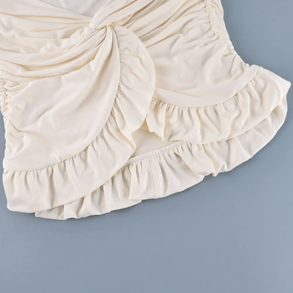 Ruched Design Mini Skirts Apricot Color Casual Style Ruffles Skirt Ruffles Detail Sexy Style Low Waist Skirts For Women