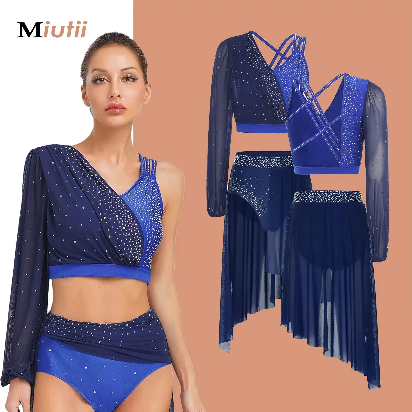 

Women Modern Lyrical Dance Outfits Shiny Rhinestones Crop Top+Skirt for Latin Ballet Gymnastics Dance Stage Performance Costume