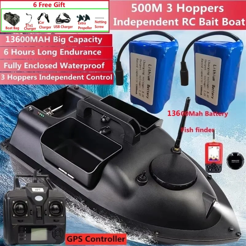 GPS Return Smart Cruise 3Hopper Remote Control Fishing Boat 2KG Load 500M Waterproof High Speed Sonar Fish Finder RC Bait Boat