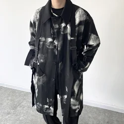 Ink Mens Tie-dye Tie Design Trendy Long Coat Autumn Winter Black Single Breast Vintage Streetwear Windbreaker Loose Jacket