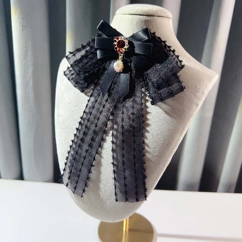 Rhinestone Pearls Tie Black Brooch Hand-beaded Lace Necktie Academic Style Tassels Decoration Shirt Tie JK Uniform Decoration