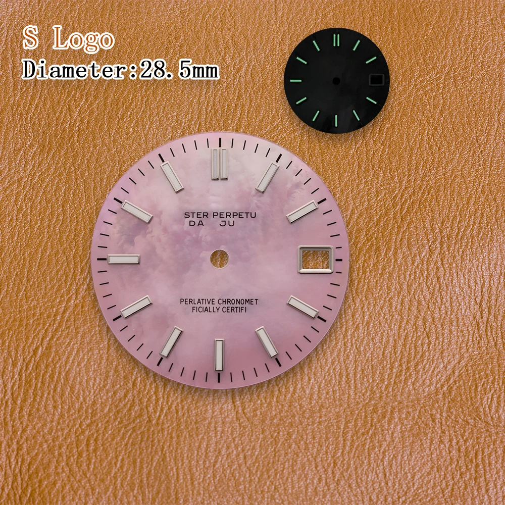 28.5mm S Logo NH35 Diamond dial Colour Mother pearl Dial Fit NH36 Movement Green Luminous Watch Modification Accessories view 4
