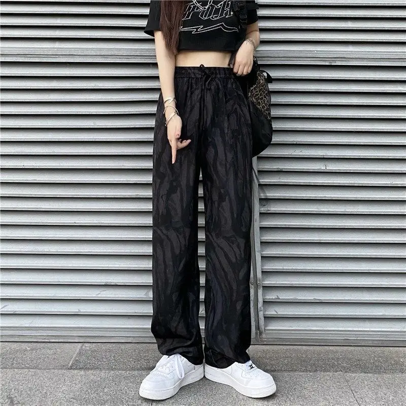 Summer Thin Women Tie Dyed Sports Pants Harajuku Korean Fashion High Waist Hip Hop Vintage Pockets Black Loose Casual Trousers