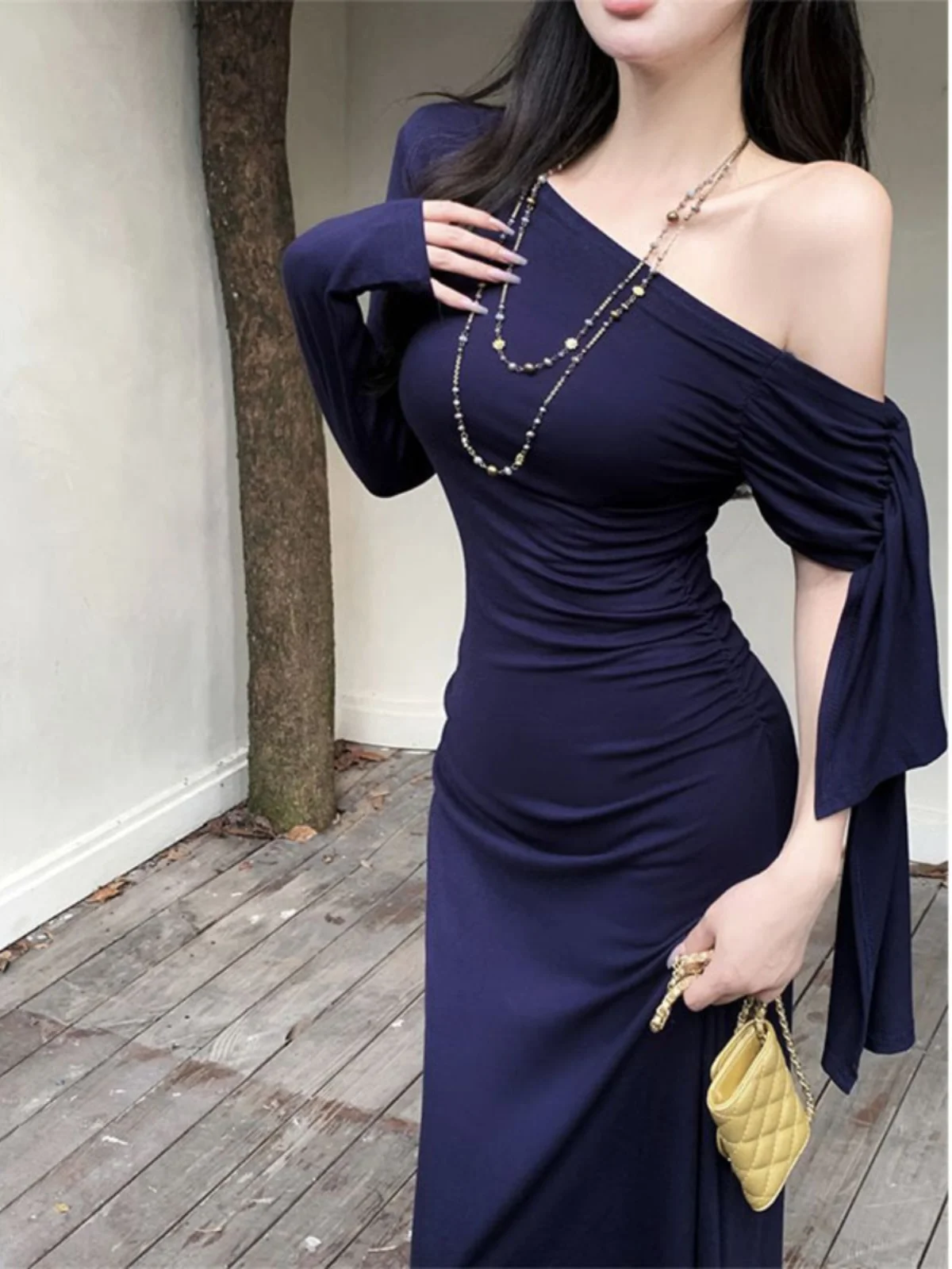 

Sleeve Long Dress Women's Style Drifting Shoulder Bridesmaid Korean High Waist Autumn Winter Fashion Commute Wind Skirt