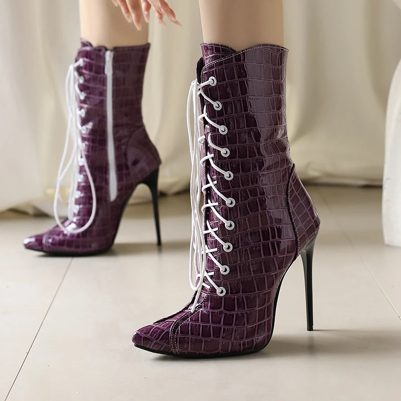 

Sexy Stiletto Ankle Boots Women's Thin High Heels Shoes Alligator Pattern Patent Leather Lace Up Side Zipper 2024 Autumn Winter