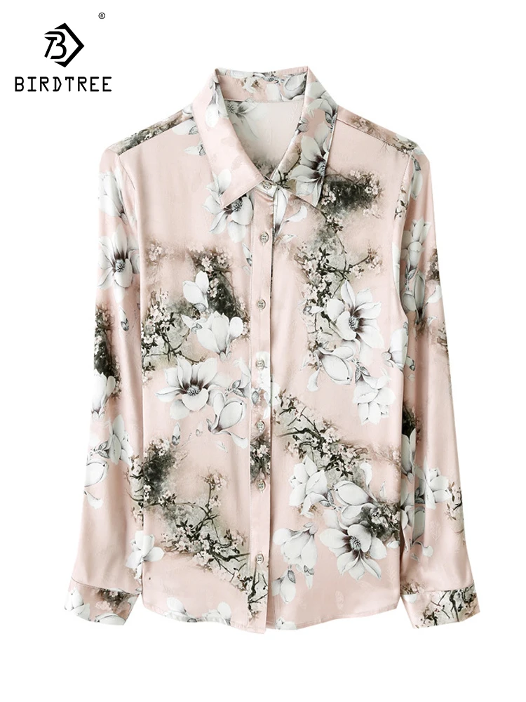 

Birdtree 90%Mulberry Silk 10% Spandex Vintage Shirt Women's Long Sleeved European Fashion Printing 2023 Autumn Blouse T39969QC