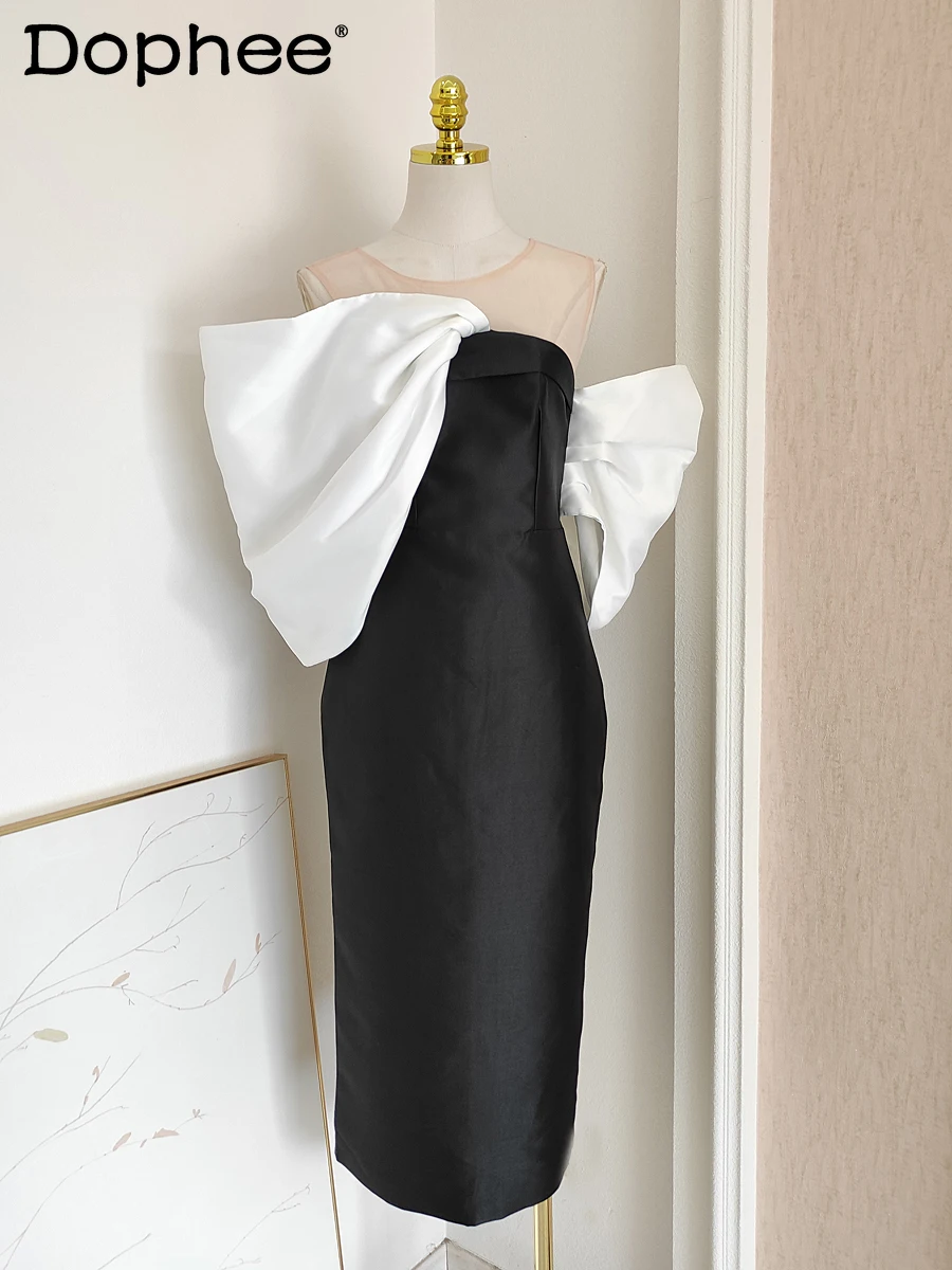 

Summer French Style Temperament Elegant Mesh See-through Stitching 3D Bow Waist Contrast Color Slim Fit Slit Formal Dress Women