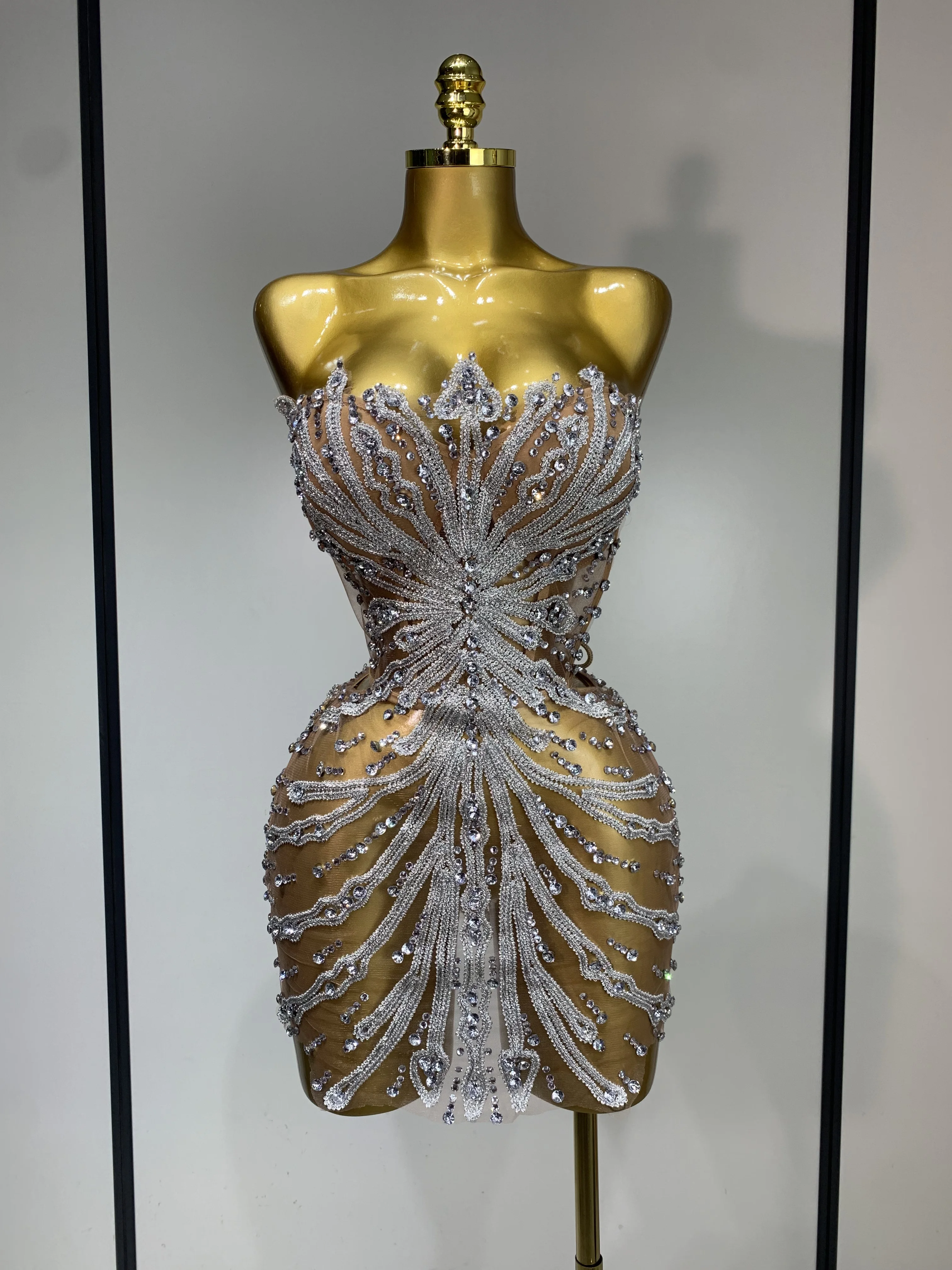 Women Sexy Strapless Rhinestones Mini Dress Performance Costume See Through  Stage Dancer Club Evening Party Birthday Dress - AliExpress 200000345