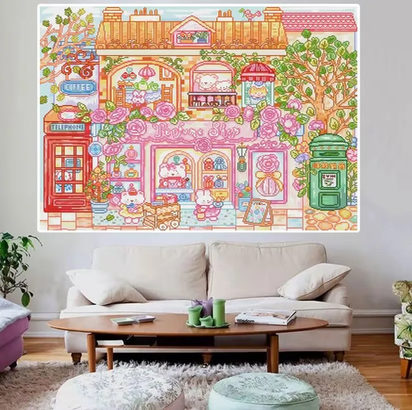 9CT 100X78CM Cartoon Town Needlework,DIY Living Room Printed Cross Stitch,Set For Embroidery Kit Full Cotton Threads 57 Colors