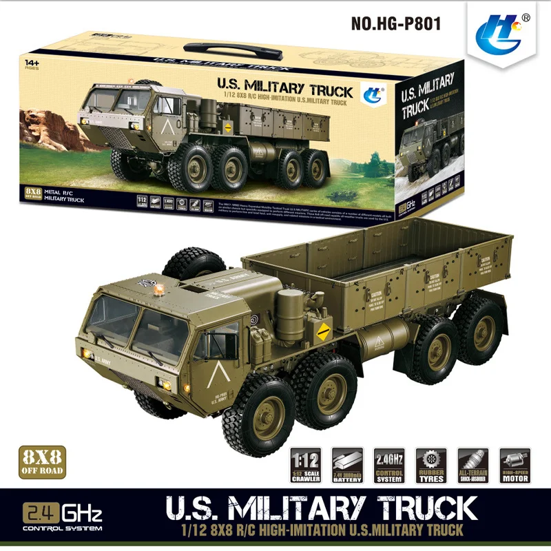 HG 1/12 US RC ciężarówka wojskowa metalowy sterownik 8x8 Model symulacyjny 2.4G bezszczotkowy silnik P801 TH04720 P302 zdalnie sterowany samochód