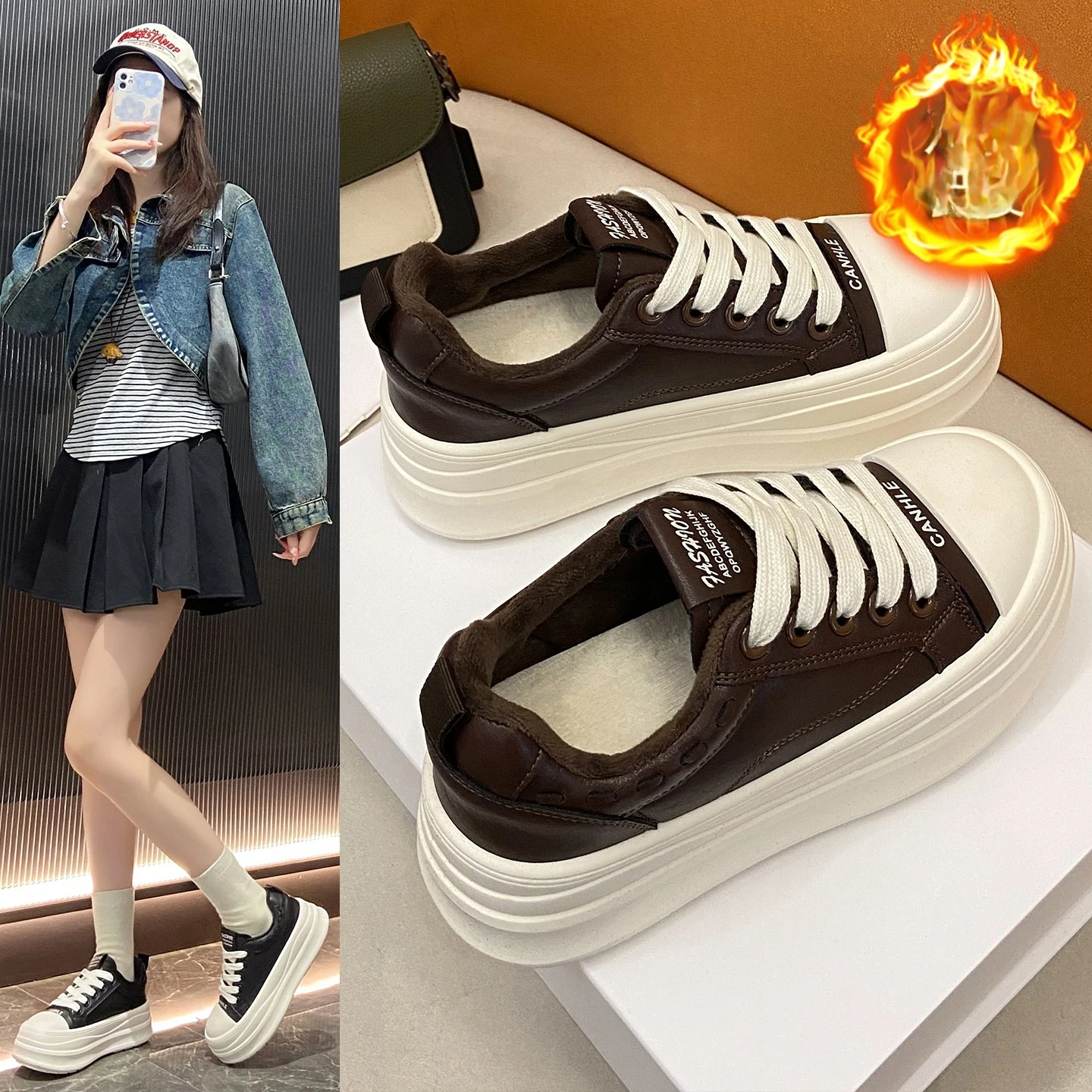 Women Korean Fleece Lined Skate Sneakers 2026 Autumn Winter, Thick Sole Height Up Trend Versatile Casual Sports Cotton Shoes