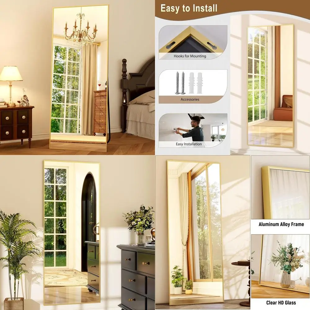 

64 x 21 Rectangle Floor Mirror - Freestanding, Leaning or Hanging - Gold Aluminum Frame for Home