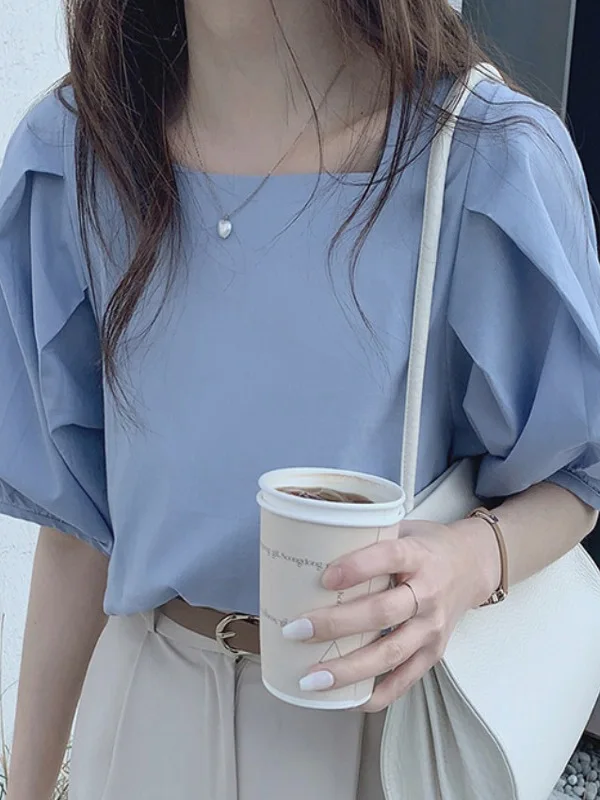 

Летняя женская футболка irt с квадратным воротником ort Sve Loose Lantern Sve Утягивающая белая футболка Faionable ature Blouse