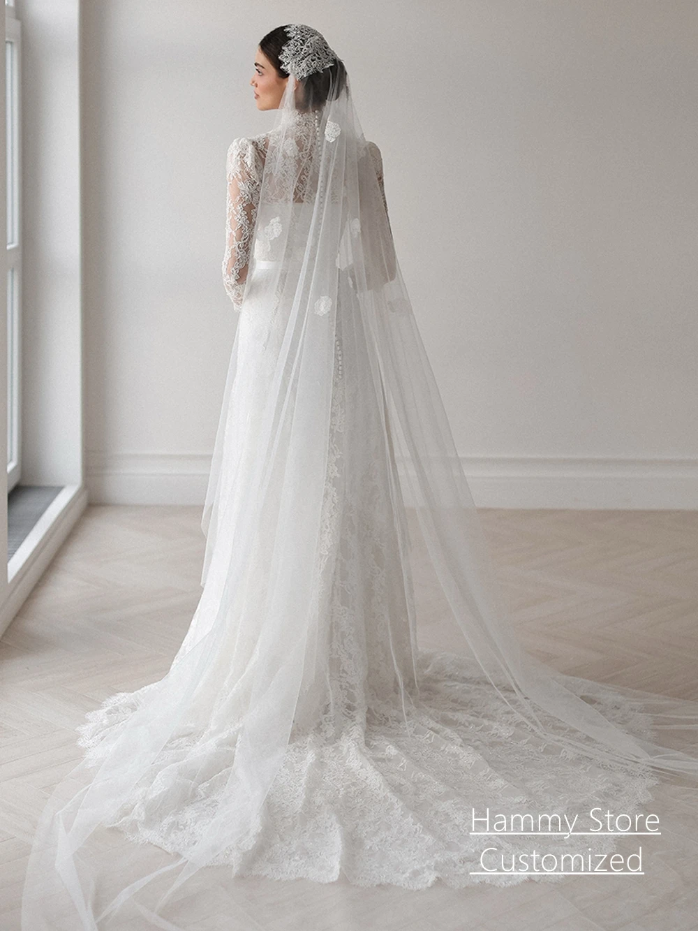 Customized High Neck Long Sleeves Mermaid Wedding Dress New Arrival Court Train Saudi Arabian Woman Bridal Gown for Bride