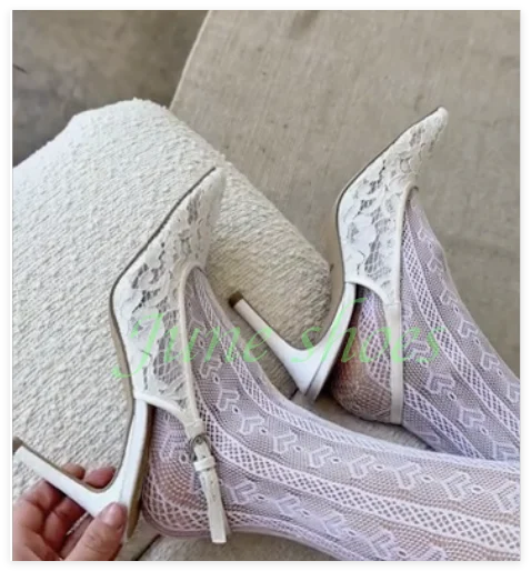 

Lady Elegant White Lace Slingback Pumps Pointed Toe Buckle Strip Lace Low Heel Footwear Runway Stiletto Heel Pumps Size 34-46