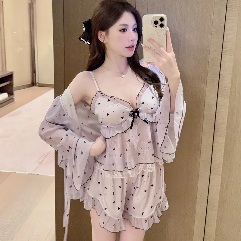 Print Bathrobe Gown Suit Summer 4PCS Pajamas Set Women Sexy Kimono Sling Shorts Pants Sleepwear Satin Home Wear Nightgown