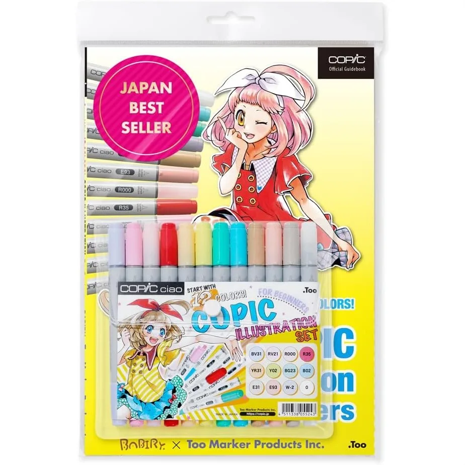 

Alcohol-Based Markers, 12 Copic Ciao Illustration Set with Instruction Book, Refillable & Replaceable Nibs