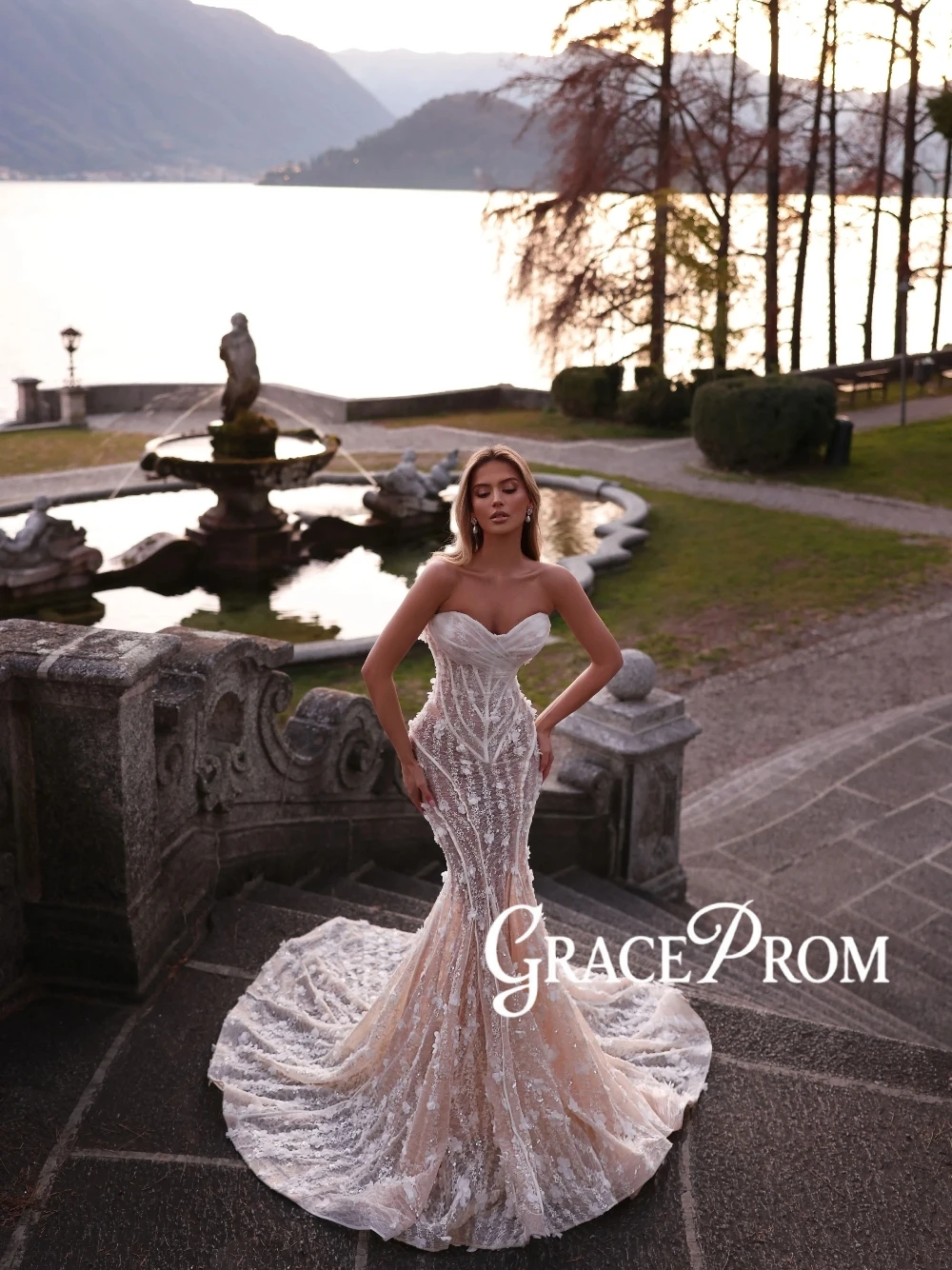 

Fantasy 3D Floral Wedding Dress Slim Fit Mermaid Romantic Glitter Bridal Gown Classy Eye-catching Sweetheart Neck Bride Wear