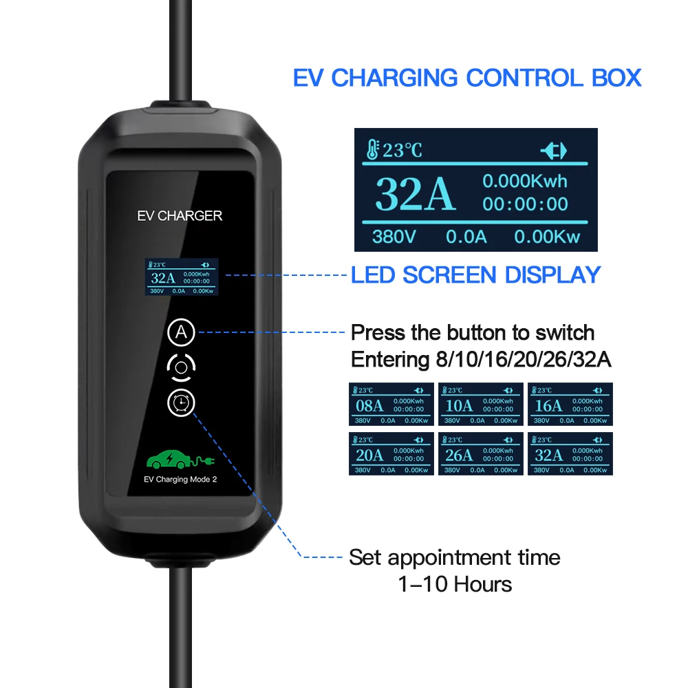 Portable EV Charger Wallbox 8/10/16/20/26/32A 22KW Type 2 Charging For EU Electric Vehicle Hybrid New Energy Cars 5M