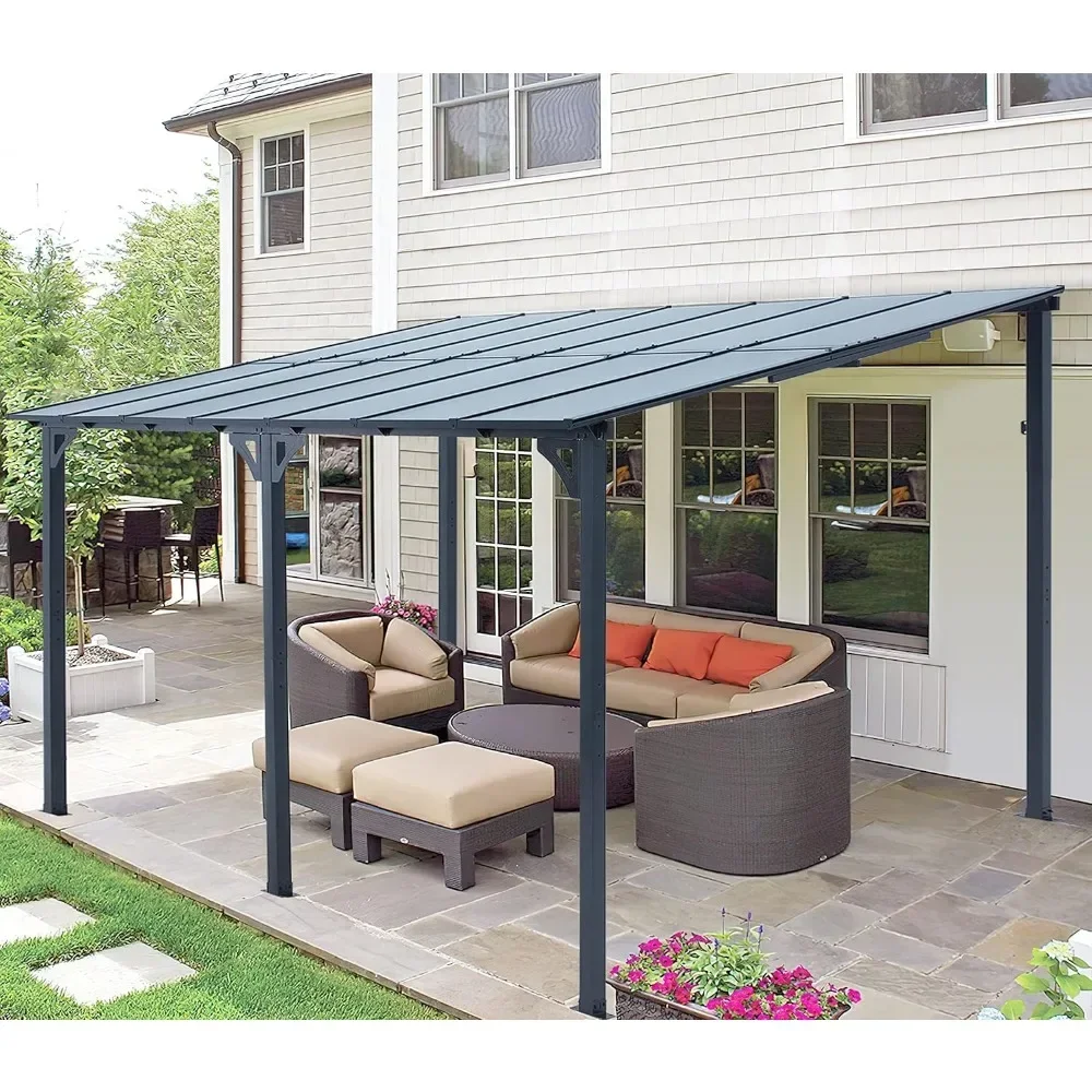 z 10' x 14' Outdoor Pergola Gazebo, Wall-Mounted Lean to Metal Awnings Gazebos on Clearance for Patio, Large Panel Roof Pergolas