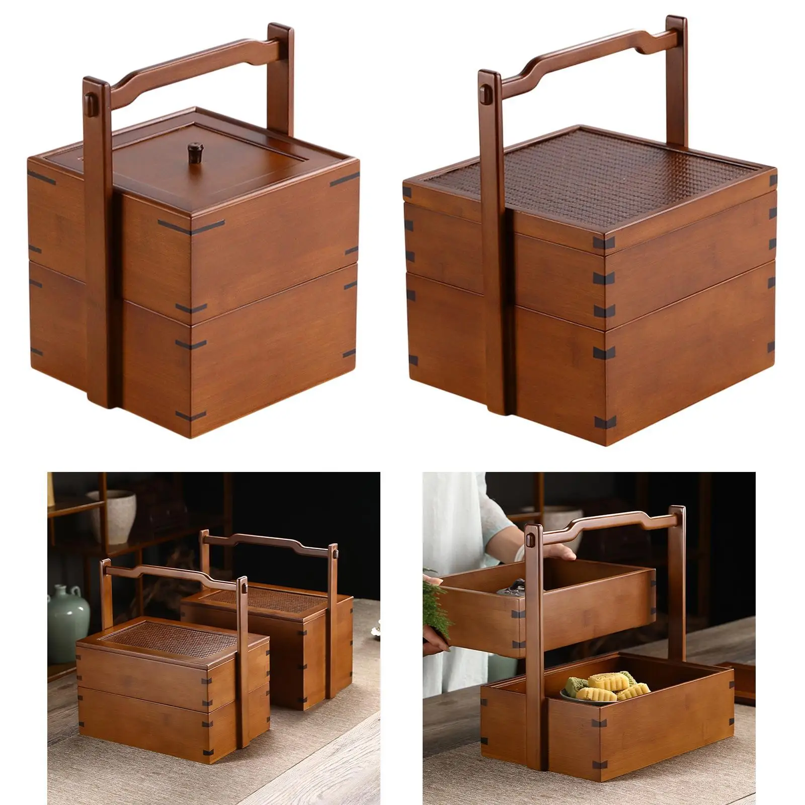 

Bamboo Food Storage Box Sushi Case Versatile Food Container Gift Packing Basket with Handle for Snacks Bread Fruit Pastry Cake