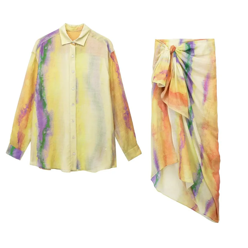 

Printed Tie Dye Shirts Top+ Skirt Two-piece Set Fashion Button Loose Blouse Lace-up Irregular Long Skirt Set Fall Women Clothes