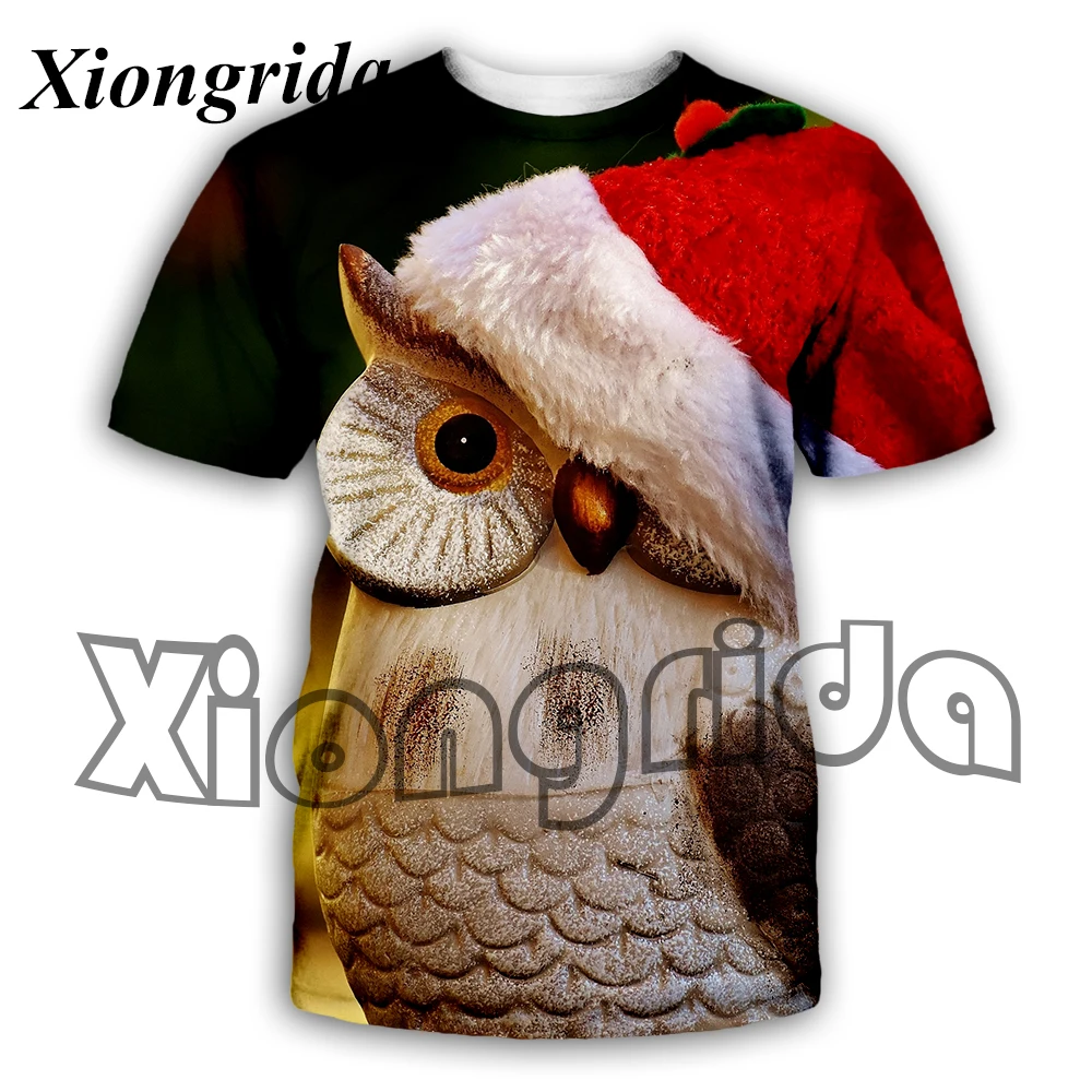 Men's Novelty Owl Print T Shirts Short Sleeve 3D Christmas Style Tees Santa Claus Print Top Fashion Unisex Streetwear