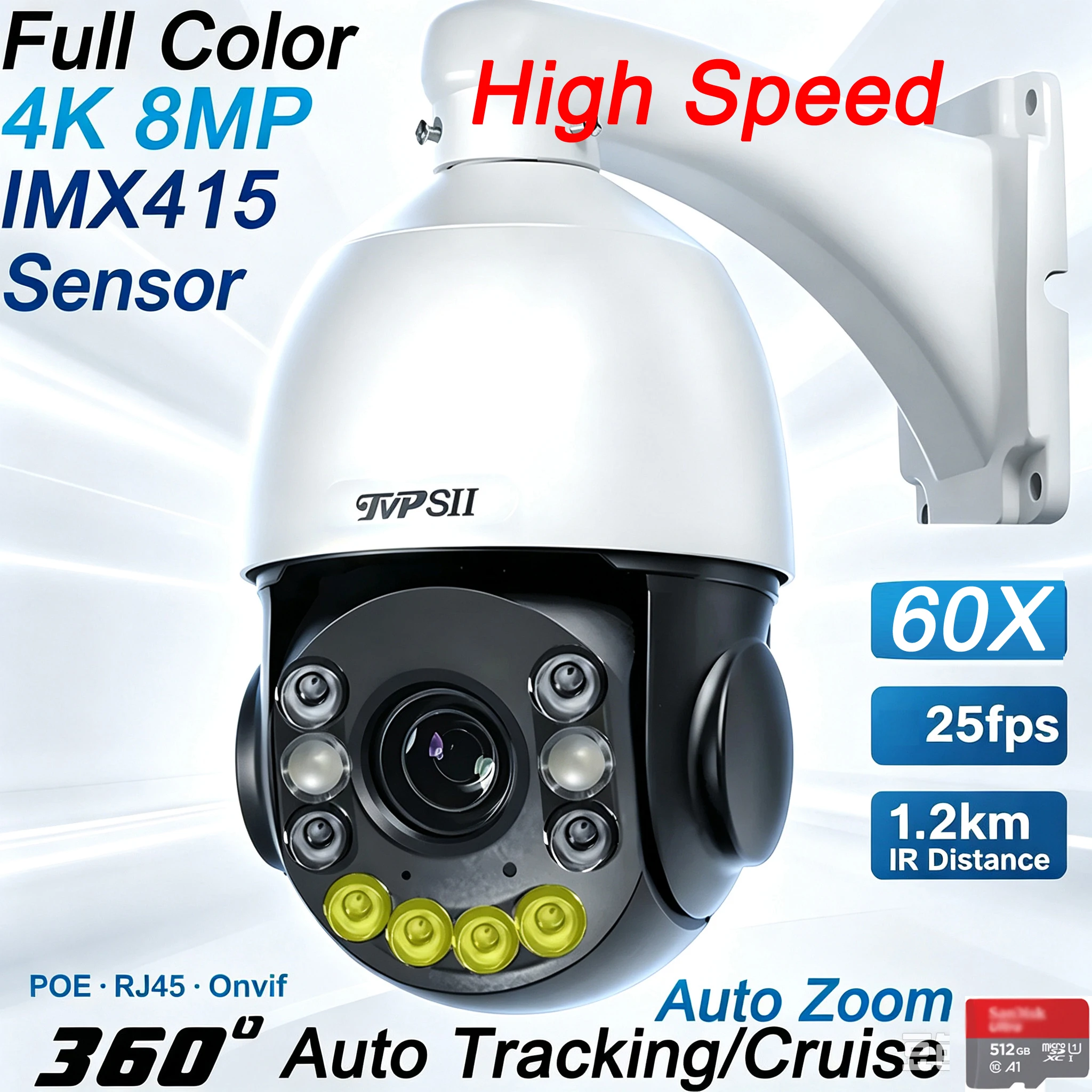 Vollfarbige Metall-Auto-Tracking-Kamera 8MP 4K 60X optischer Zoom 360 °   Audio ONVIF PTZ Hochgeschwindigkeits-Dome POE IP Überwachungskamera