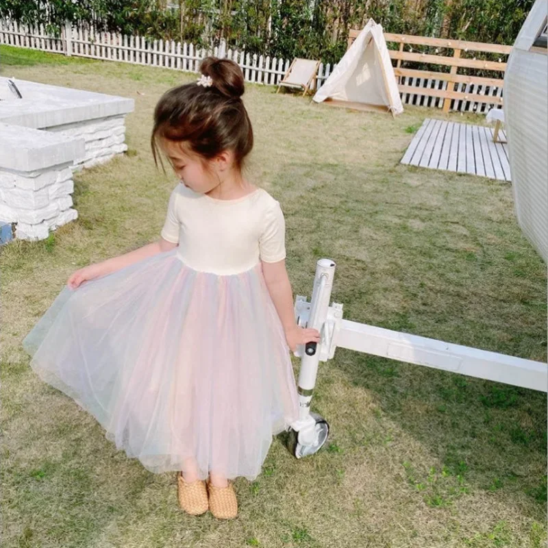 Girls Casual Dresses O-neck Ankle Length Korean Children Clothing 2023 Summer Baby Rainbow Princess Fluffy Mesh Open Back