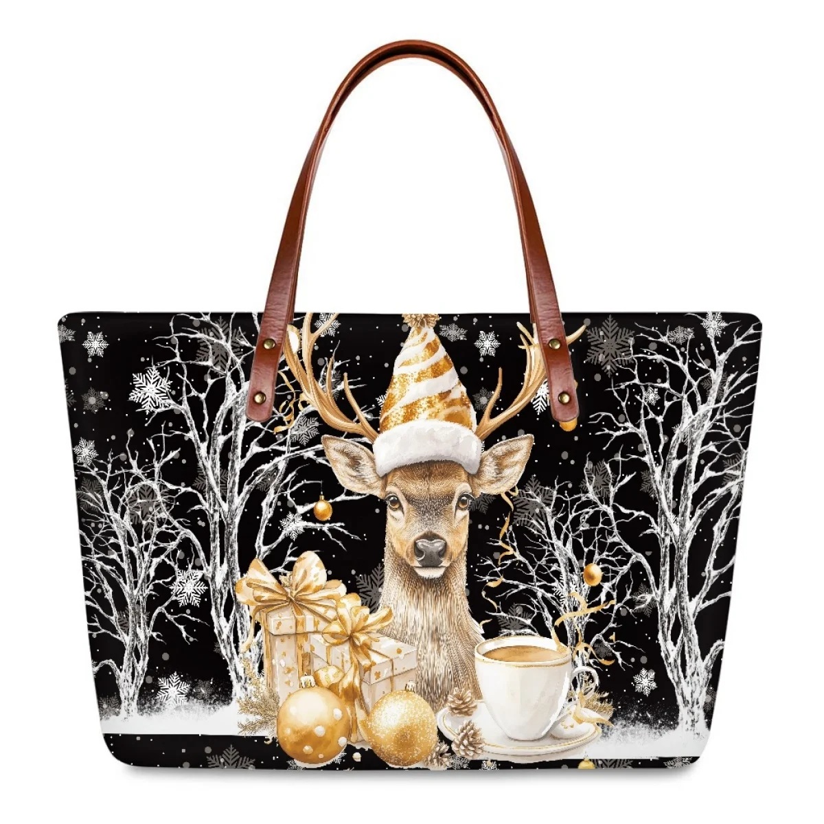 

Noisydesigns Happy New Year Deer Print Womens Shoulder Handbags Girls Black Tote Purse Bolsos De Lujo Mujer New Trendy Luxury