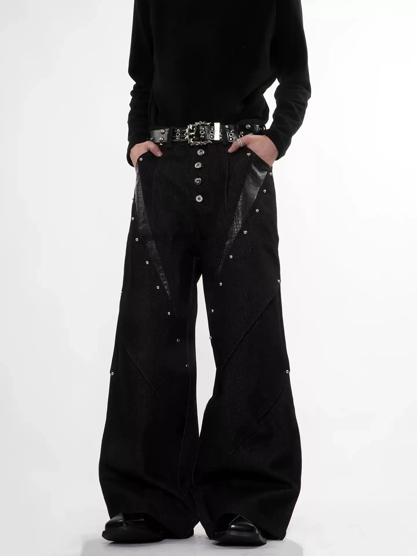 

American Style High Street Splicing Leather Button Rivet Design Jeans Unisex Casual Loose Straight Full Length Pants