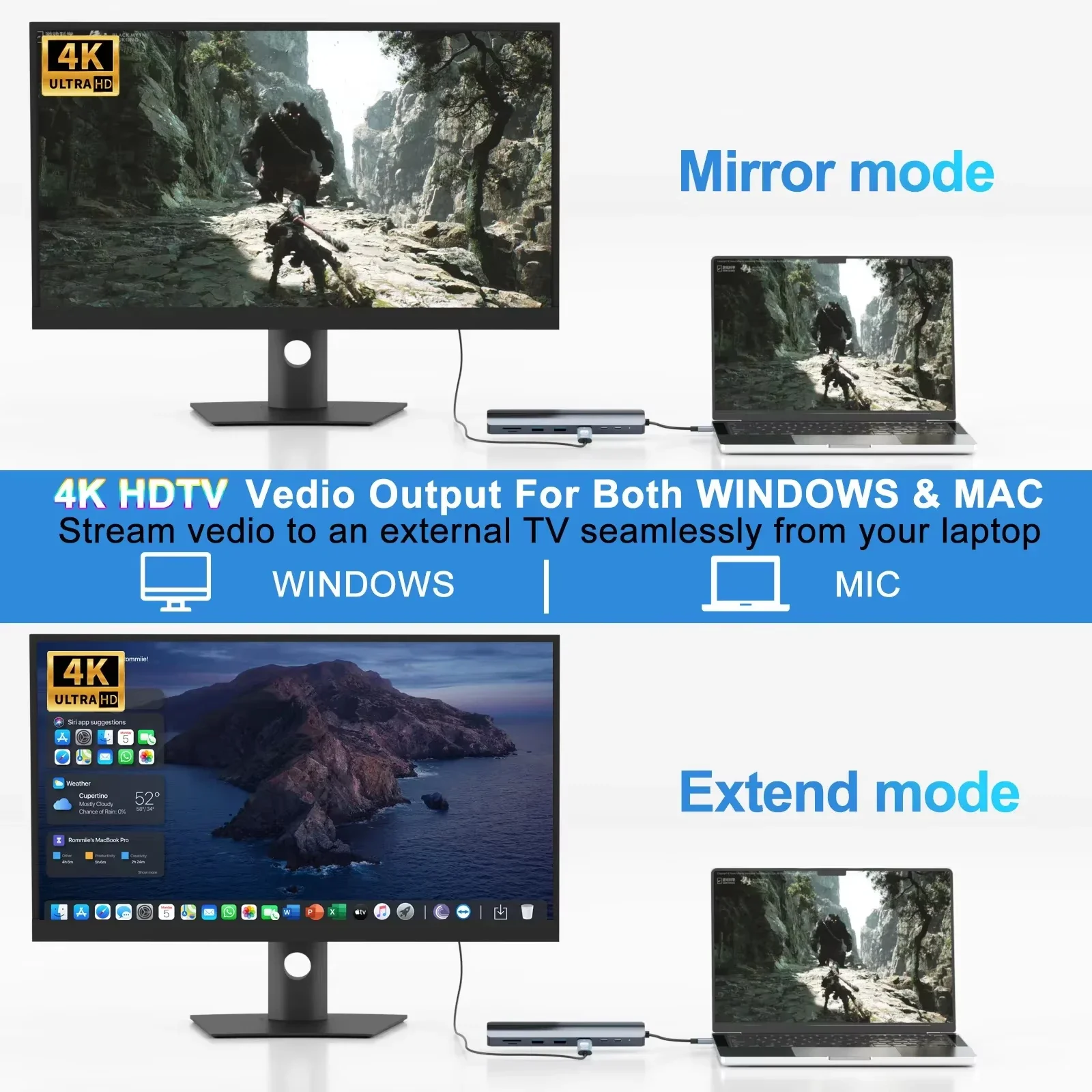 Stacja dokująca USB-C 8-w-1 z Ethernetem 1000Mbps, HDTV 4K60Hz, 2 portami USB3.0, 2 portami USB-C, adapterem PD z maksymalnym ładowaniem 100W i obsługą transmisji danych. — zdjęcie produktu 4