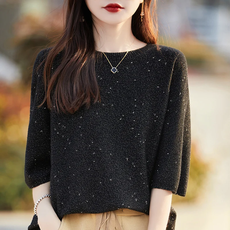 S-XXL nouvel été 100% laine australienne femmes col rond pull T-shirt couleur unie tricoté ample mince femmes pull demi manches