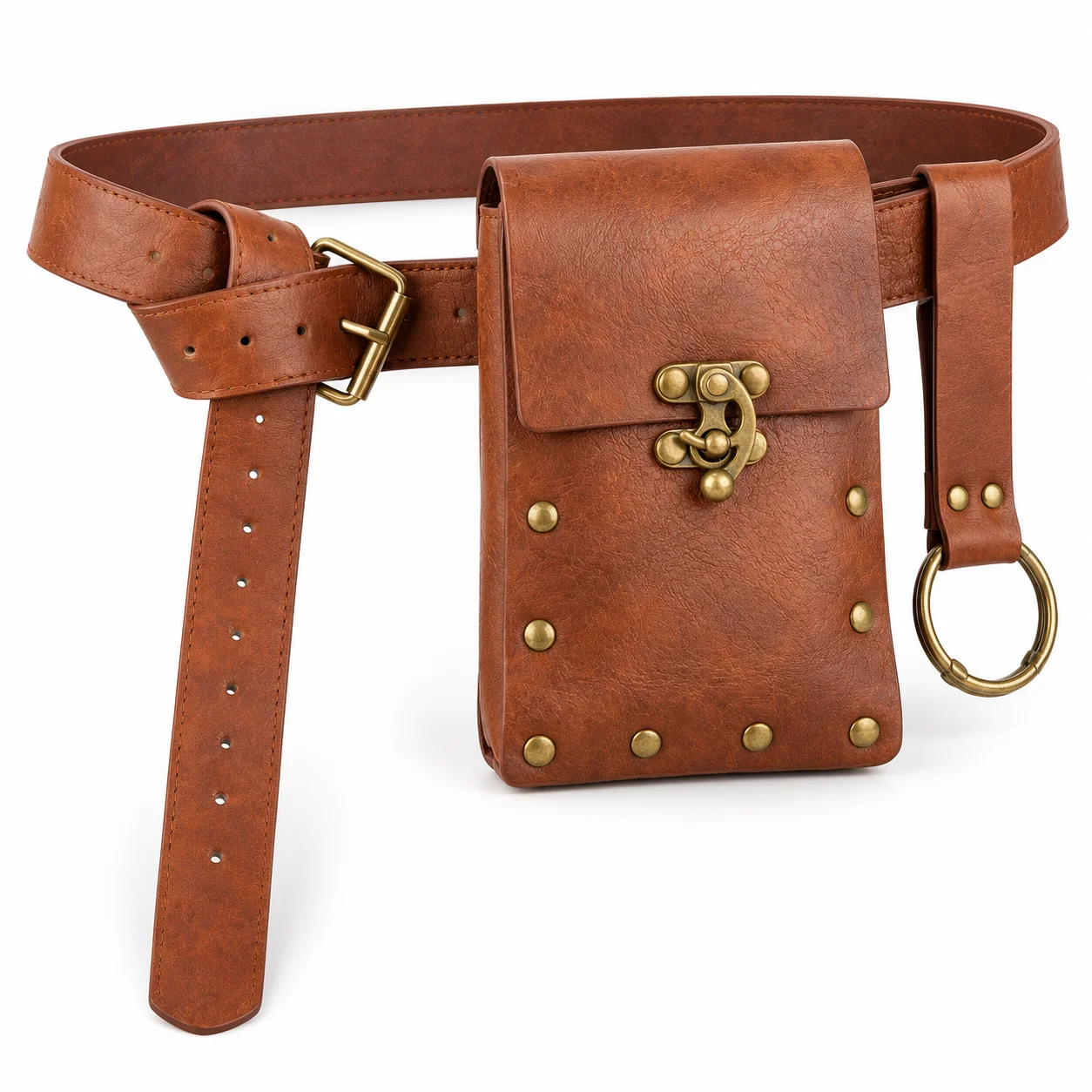 Bolsa de cintura de cuero marrón de estilo vintage con cinturón ajustable, bolso retro para llevar en la cadera con hebilla de latón y anillo metálico, para hombres y mujeres.