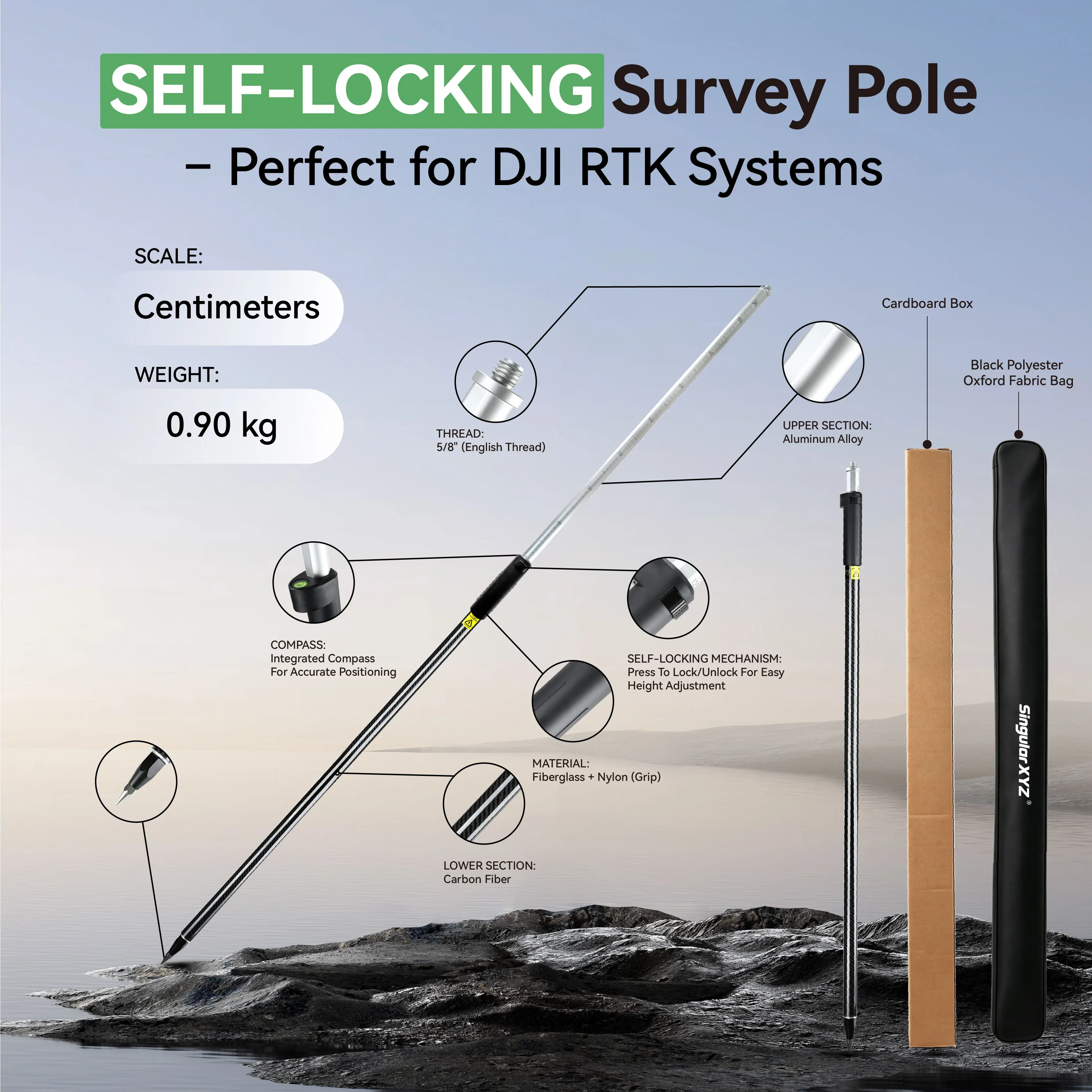 SingularXYZ Self-Locking RTK GPS Pole Aluminum Alloy Carbon 5/8 inch Adjustable Length 125-200cm Compatible with DJI D-RTK 3