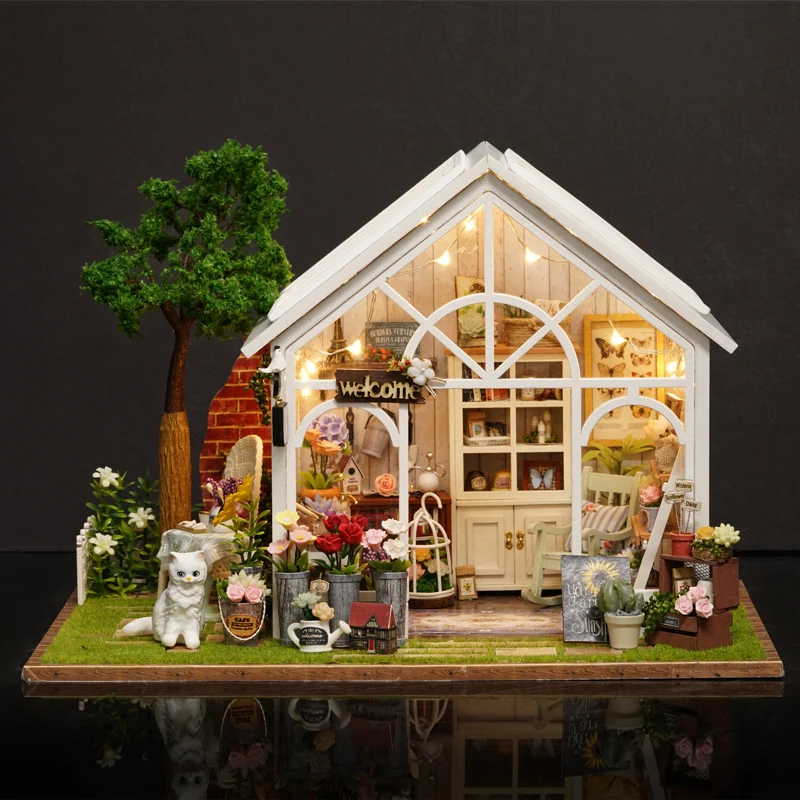 DIY Holz Sunshine Greenhouse Cottage Miniaturbausätze Puppenhäuser mit Möbeln Casa Puppenhäuser für Freunde Geschenke