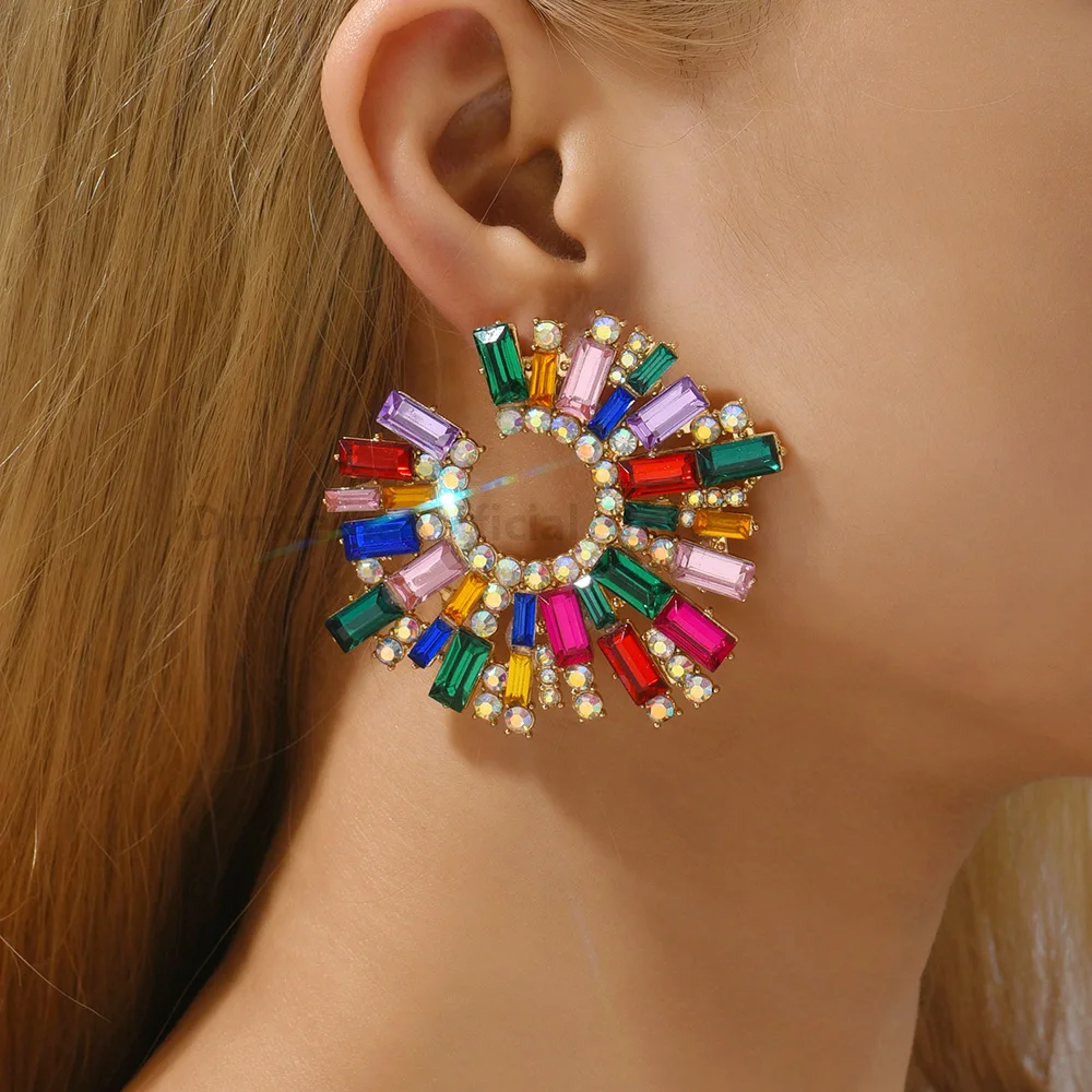 Luxury Round Big Stud Earrings For Women Girl Trend Ear Accessories Boho Colorful Geometric Rhinestone Brincos Vintage Jewelry